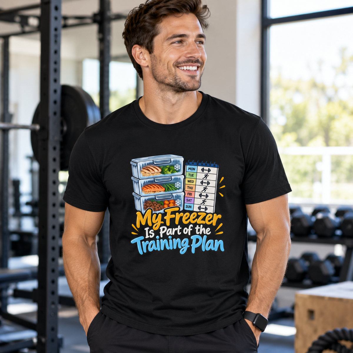 Female lifestyle mockup — My Freezer Is Part of the Training Plan T-Shirt