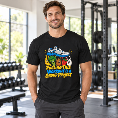 Male lifestyle mockup — Fueling This Workout Is a Group Project T-Shirt