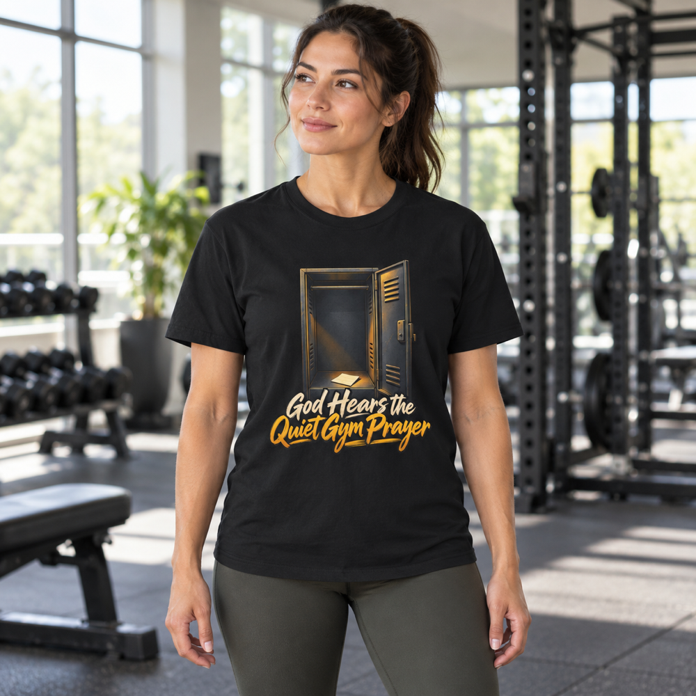 Female lifestyle mockup — God Hears the Quiet Gym Prayer T-Shirt