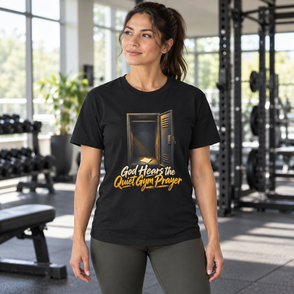 Female lifestyle mockup — God Hears the Quiet Gym Prayer T-Shirt