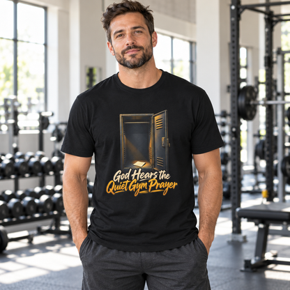 Male lifestyle mockup — God Hears the Quiet Gym Prayer T-Shirt