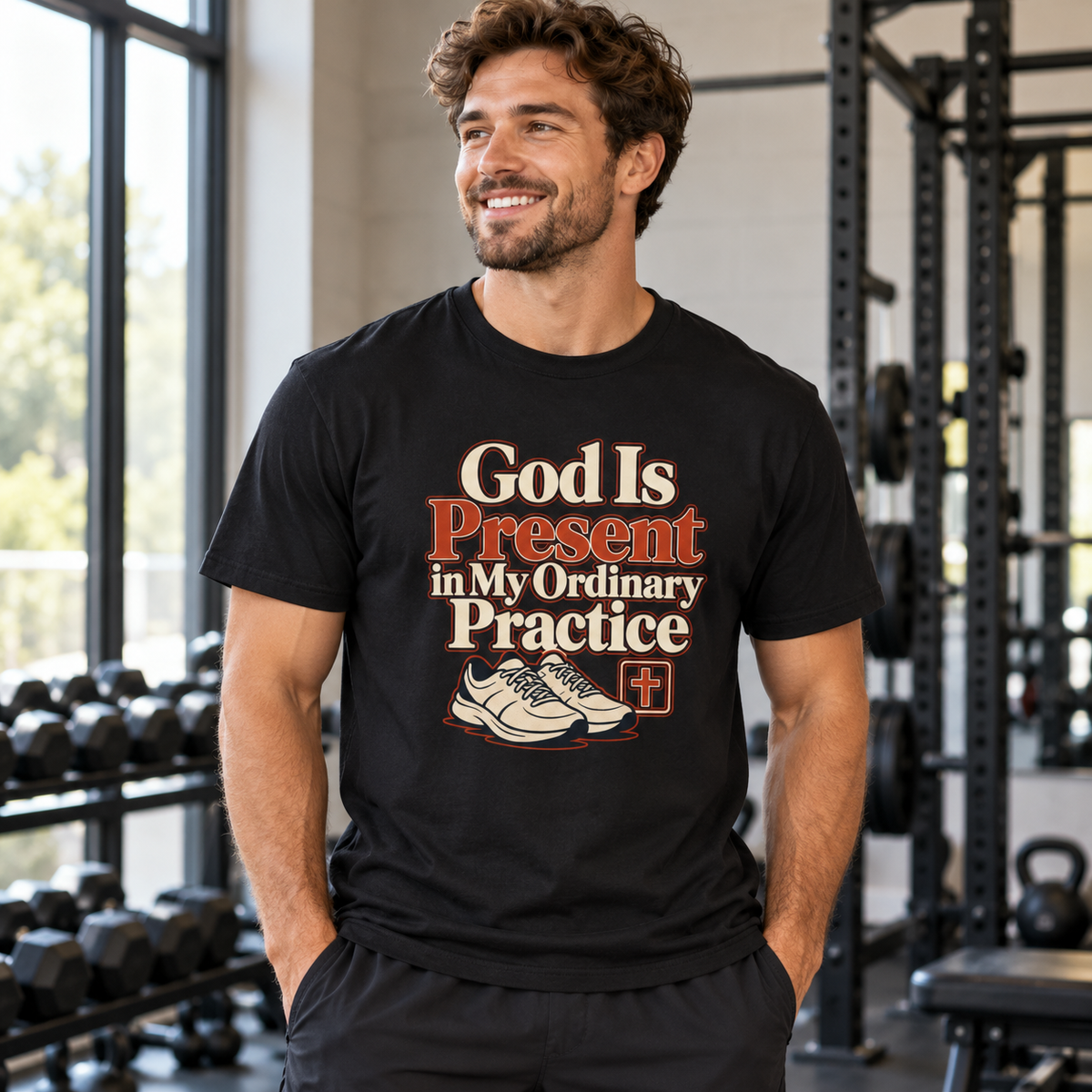 Male lifestyle mockup — god is present in my ordinary practice