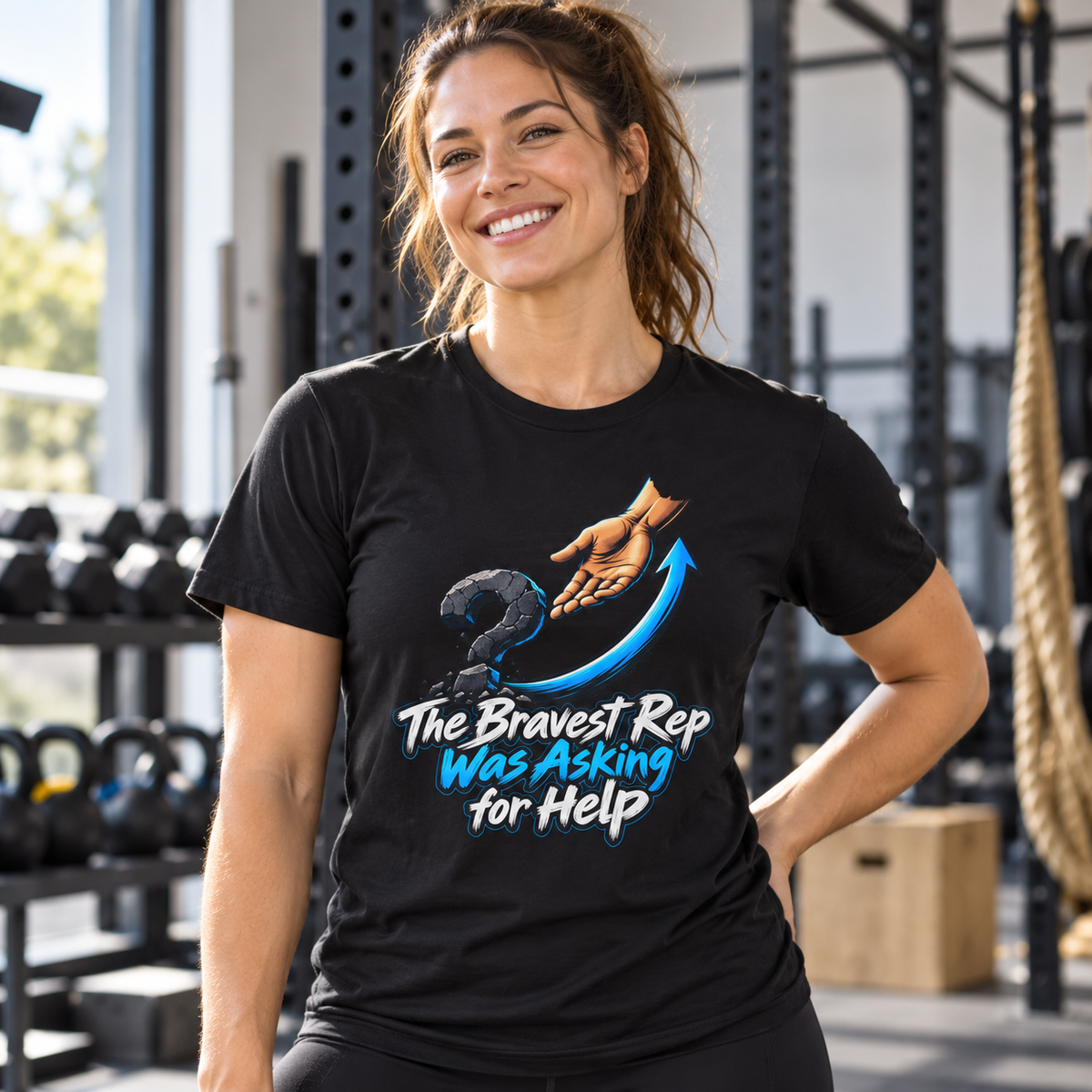Female lifestyle mockup — Good Form Survives the Camera T-Shirt