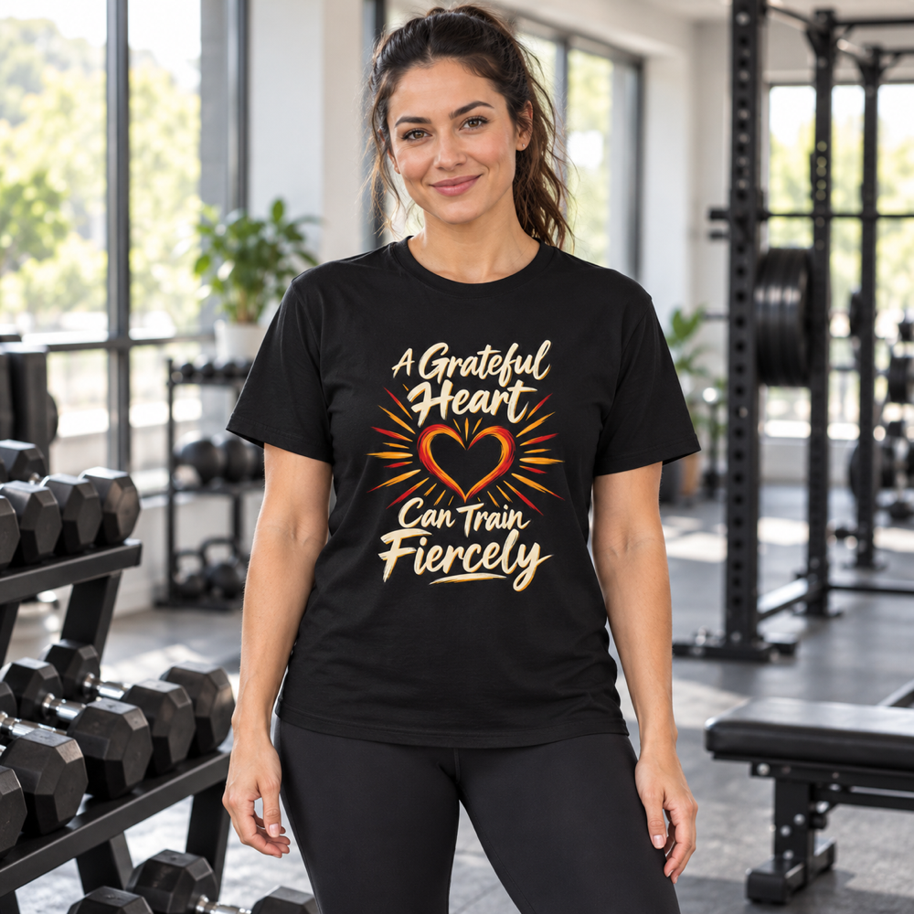 Female lifestyle mockup — A Grateful Heart Can Train Fiercely T-Shirt