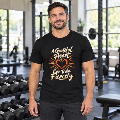 Male lifestyle mockup — A Grateful Heart Can Train Fiercely T-Shirt
