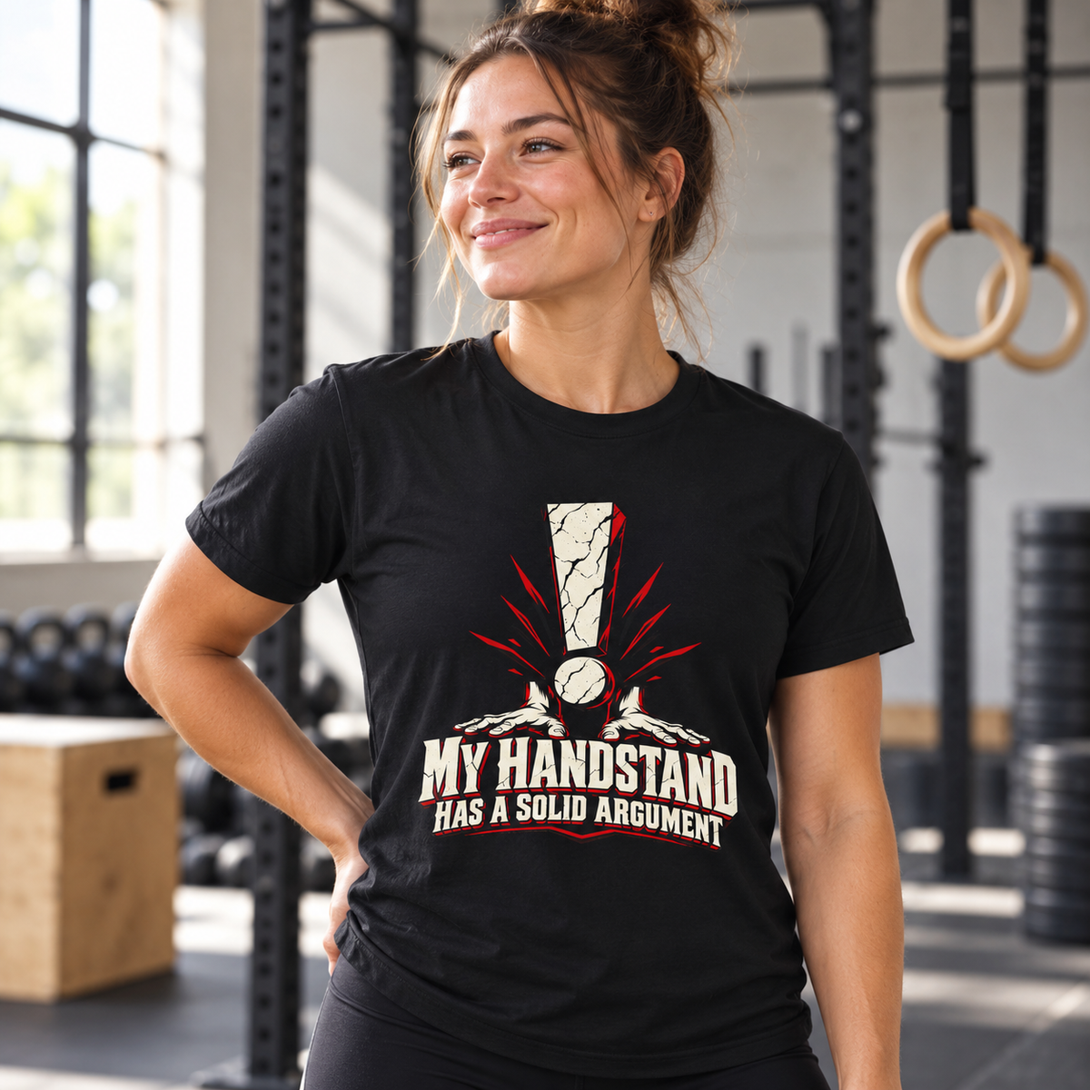 Female lifestyle mockup — My Handstand Has a Solid Argument T-Shirt