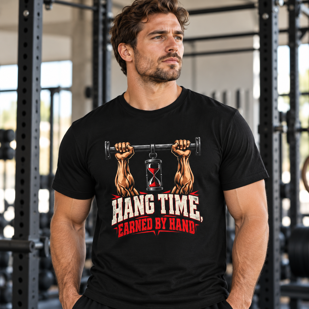 Male lifestyle mockup — Hang Time Earned by Hand T-Shirt