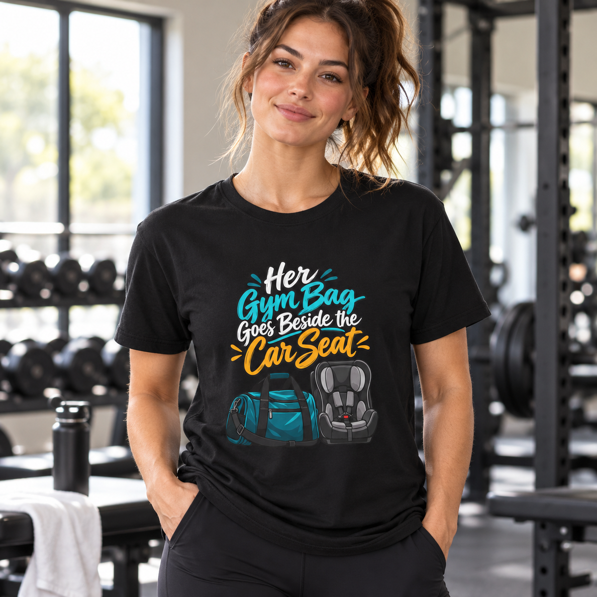 Female lifestyle mockup — her gym bag goes beside the car seat