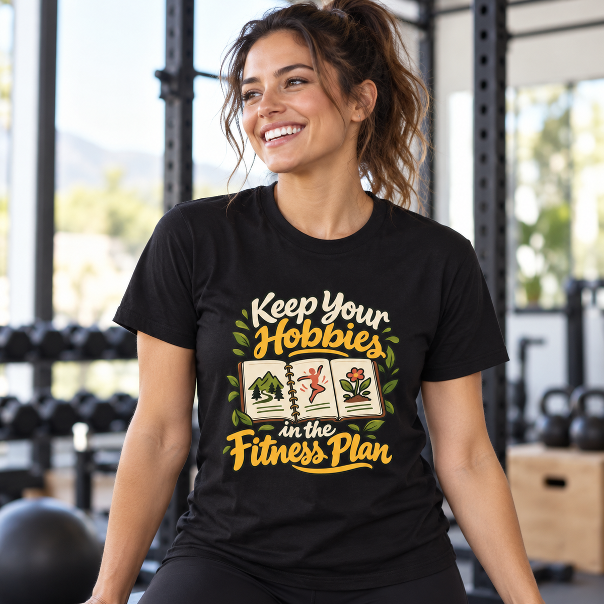 Male lifestyle mockup — Keep Your Hobbies in the Fitness Plan T-Shirt