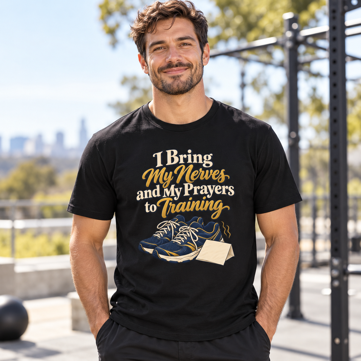 Male lifestyle mockup — i bring my nerves and prayers to training