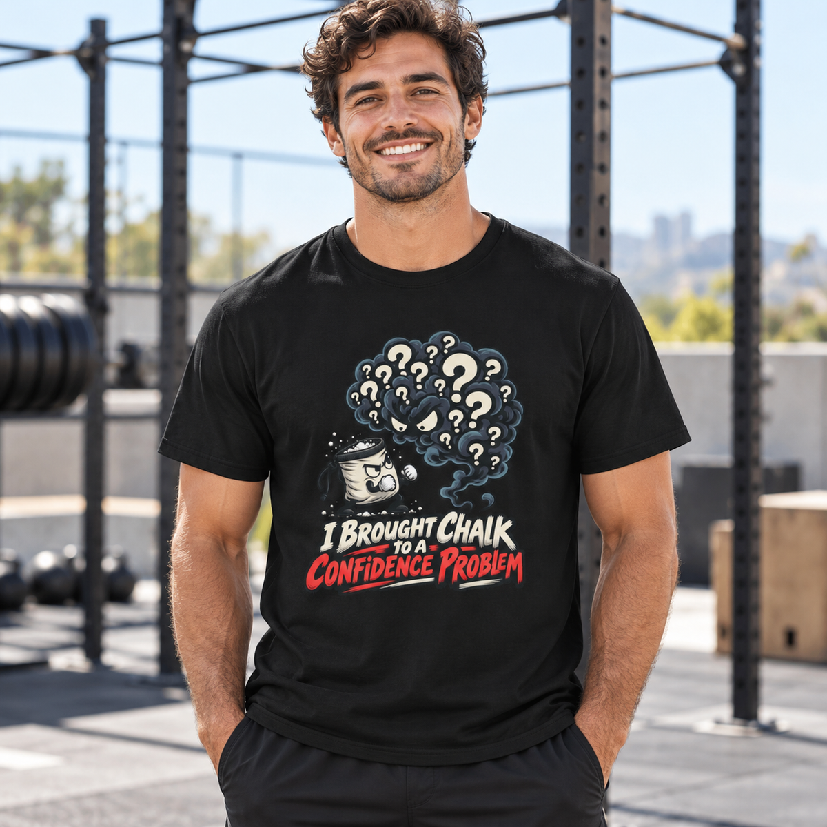 Male lifestyle mockup — i brought chalk to a confidence problem