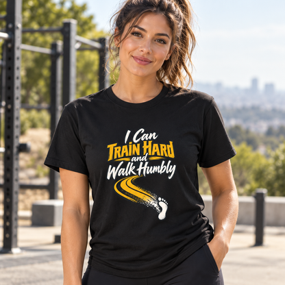 Female lifestyle mockup — i can train hard and walk humbly