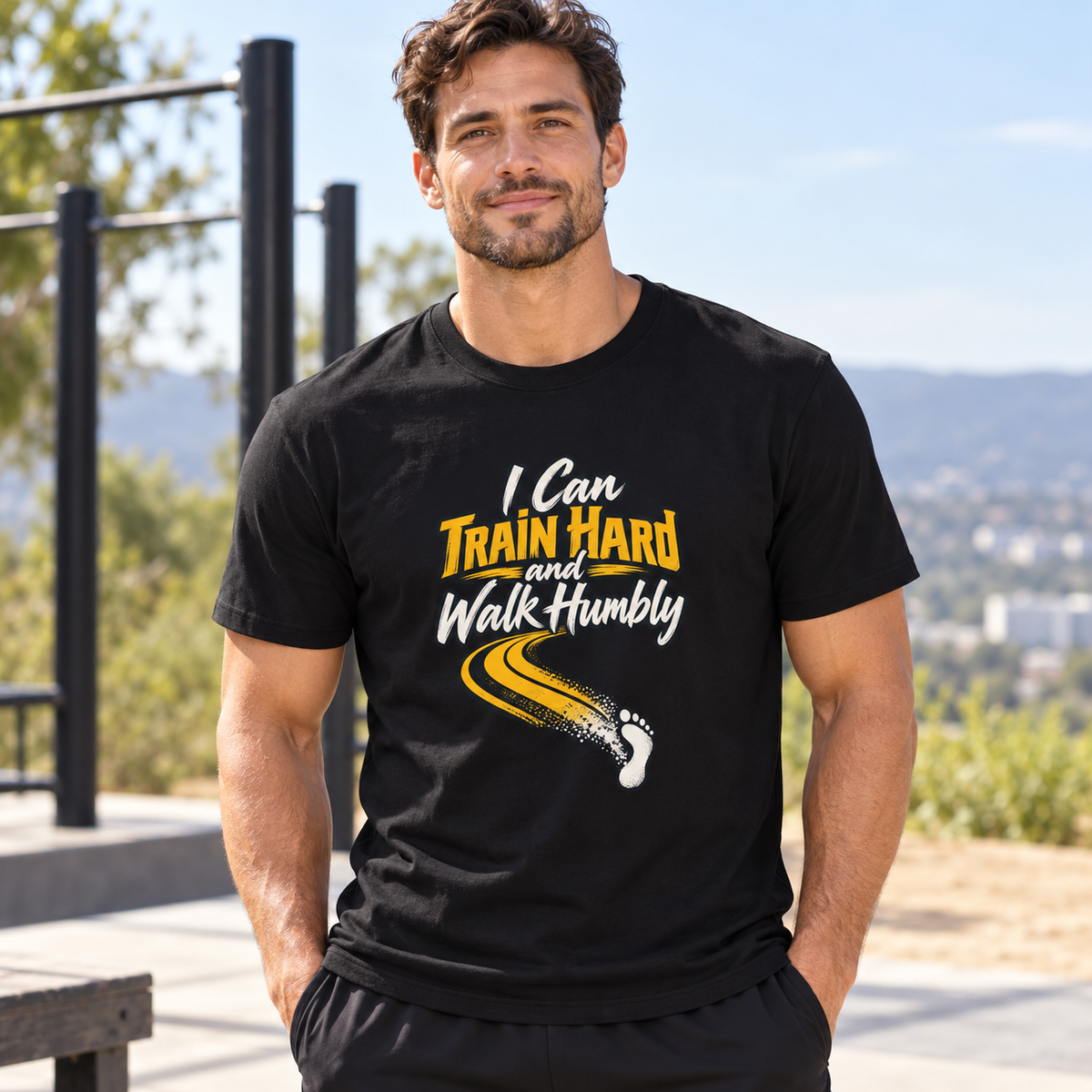 Male lifestyle mockup — i can train hard and walk humbly