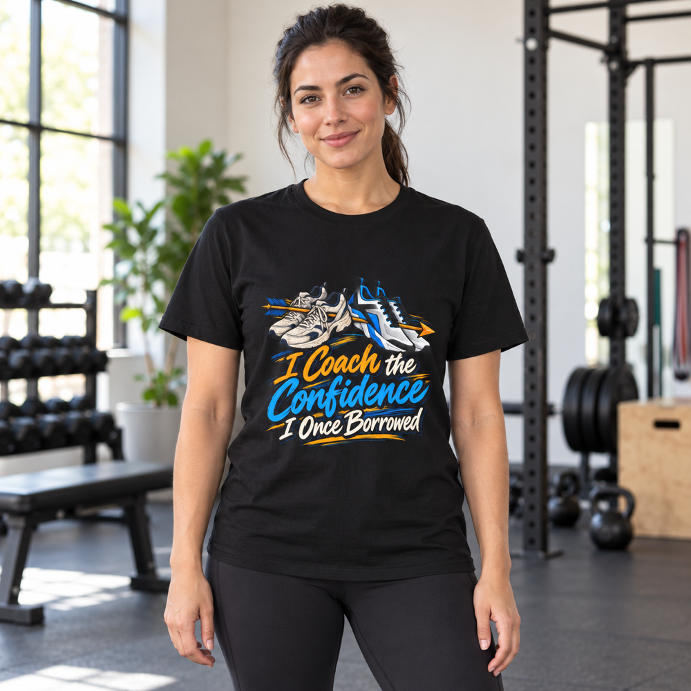 Female lifestyle mockup — I Coach the Confidence I Once Borrowed T-Shirt