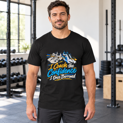 Male lifestyle mockup — I Coach the Confidence I Once Borrowed T-Shirt