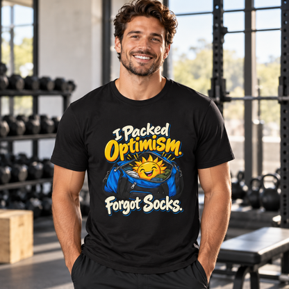 Male lifestyle mockup — i packed optimism forgot socks