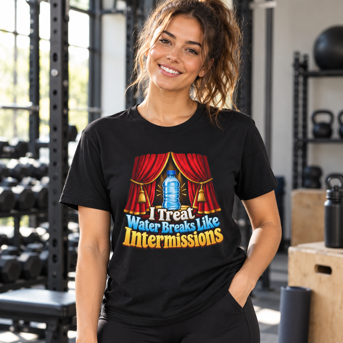 Female lifestyle mockup — i treat water breaks like intermissions