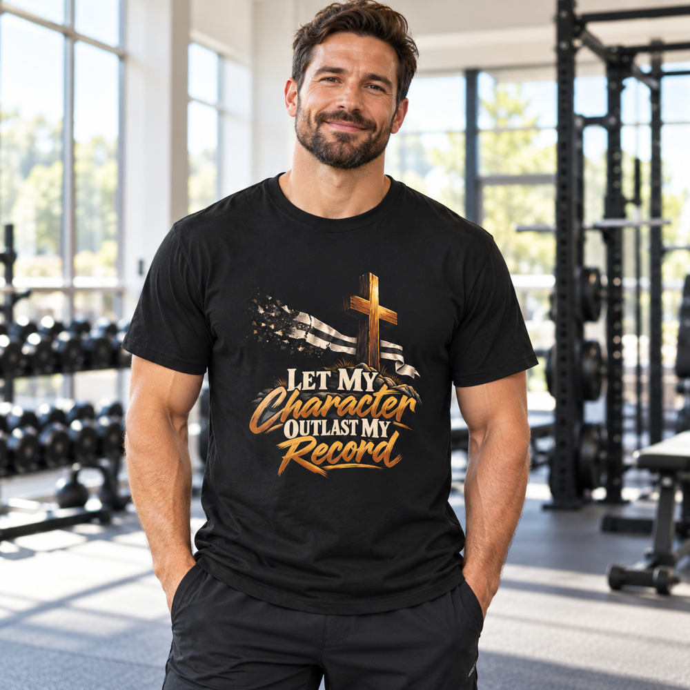 Male lifestyle mockup — Let My Character Outlast My Record T-Shirt