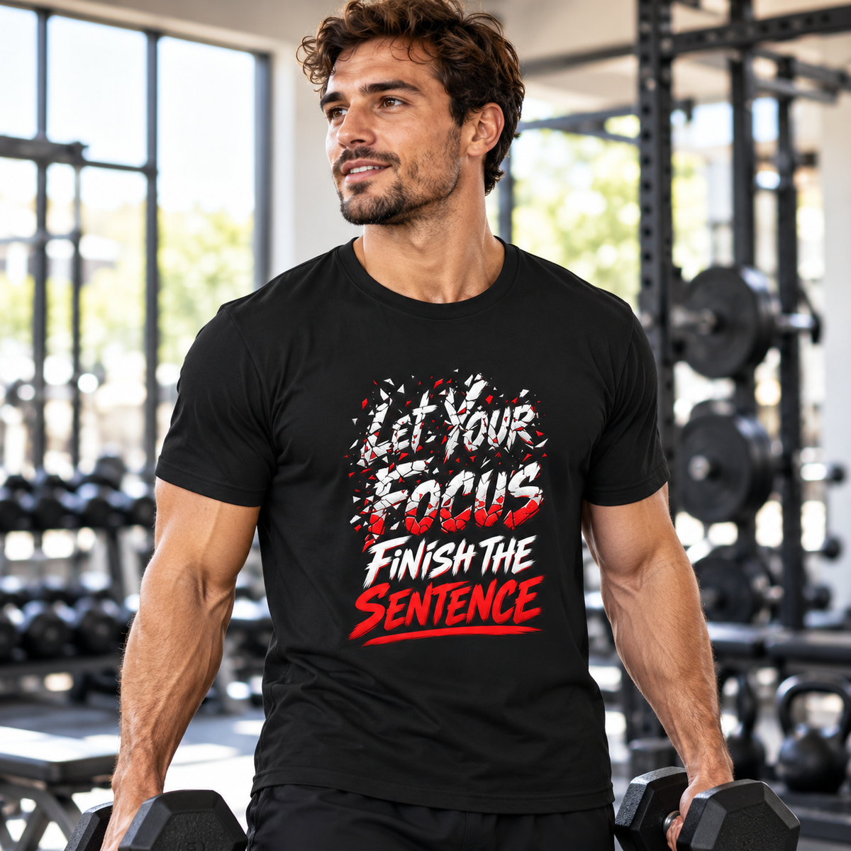 Male lifestyle mockup — Let Your Focus Finish the Sentence T-Shirt