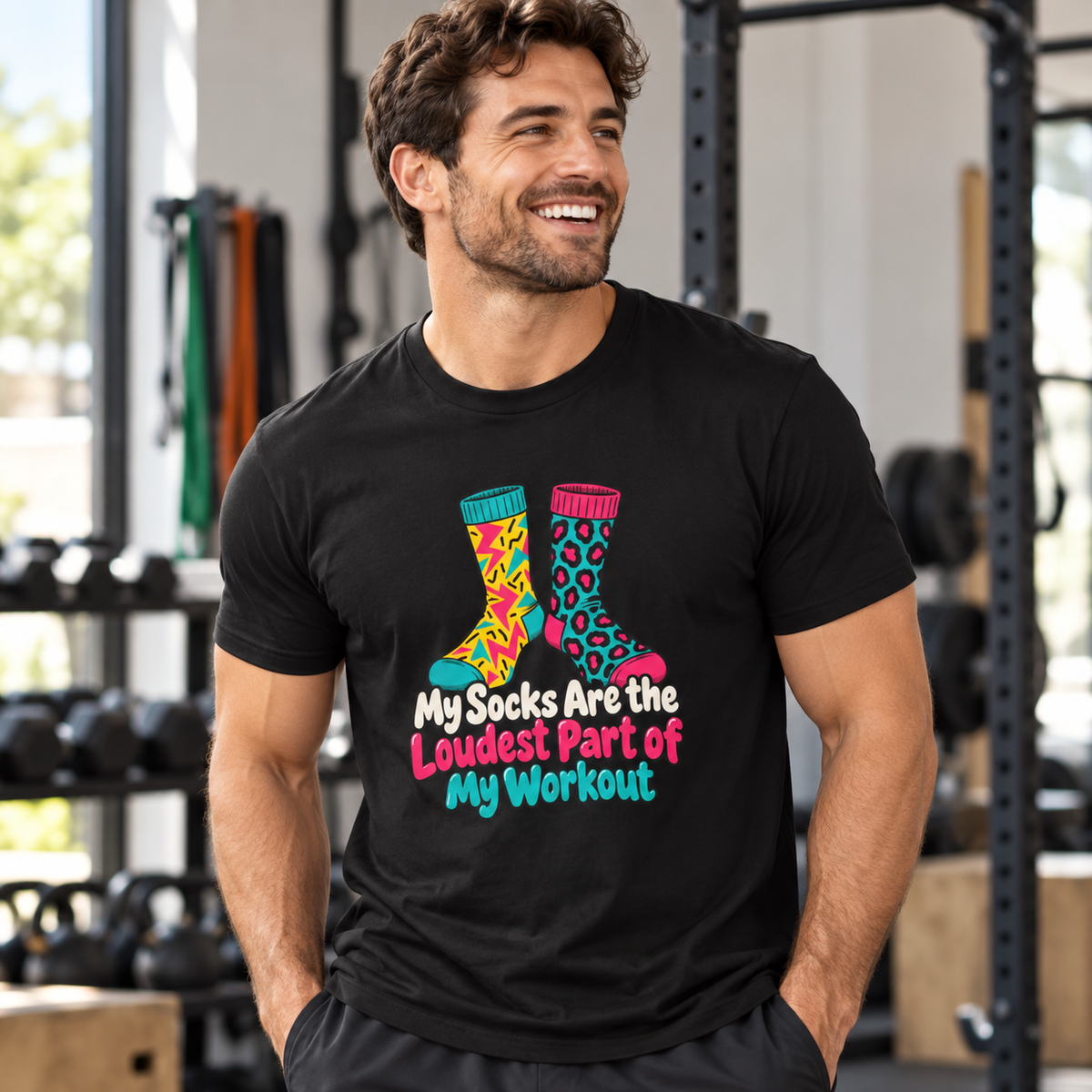 Male lifestyle mockup — loudest socks