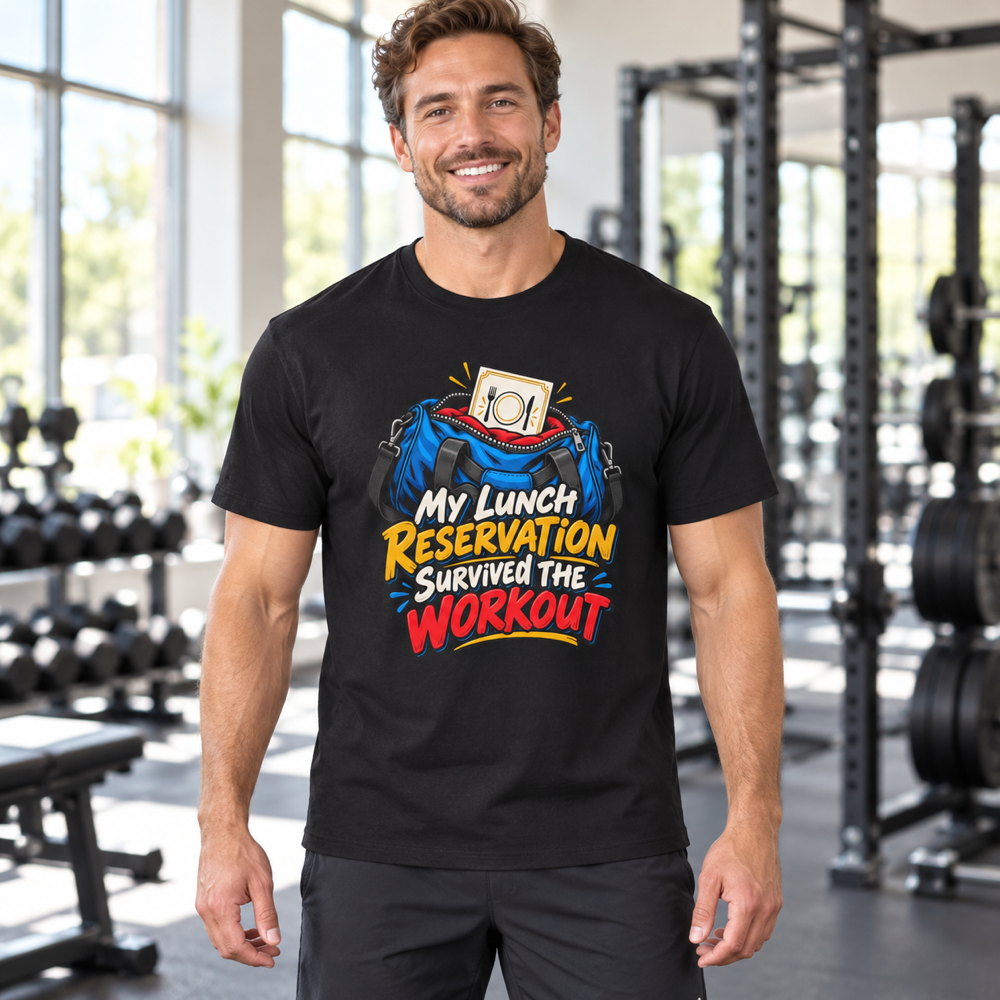Male lifestyle mockup — My Lunch Reservation Survived the Workout T-Shirt