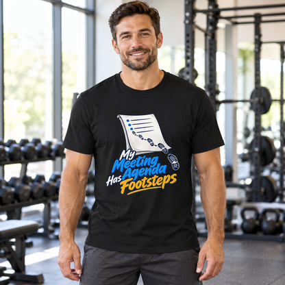 Male lifestyle mockup — My Meeting Agenda Has Footsteps T-Shirt
