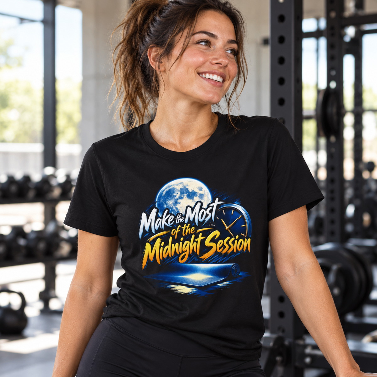 Female lifestyle mockup — Make the Most of the Midnight Session T-Shirt