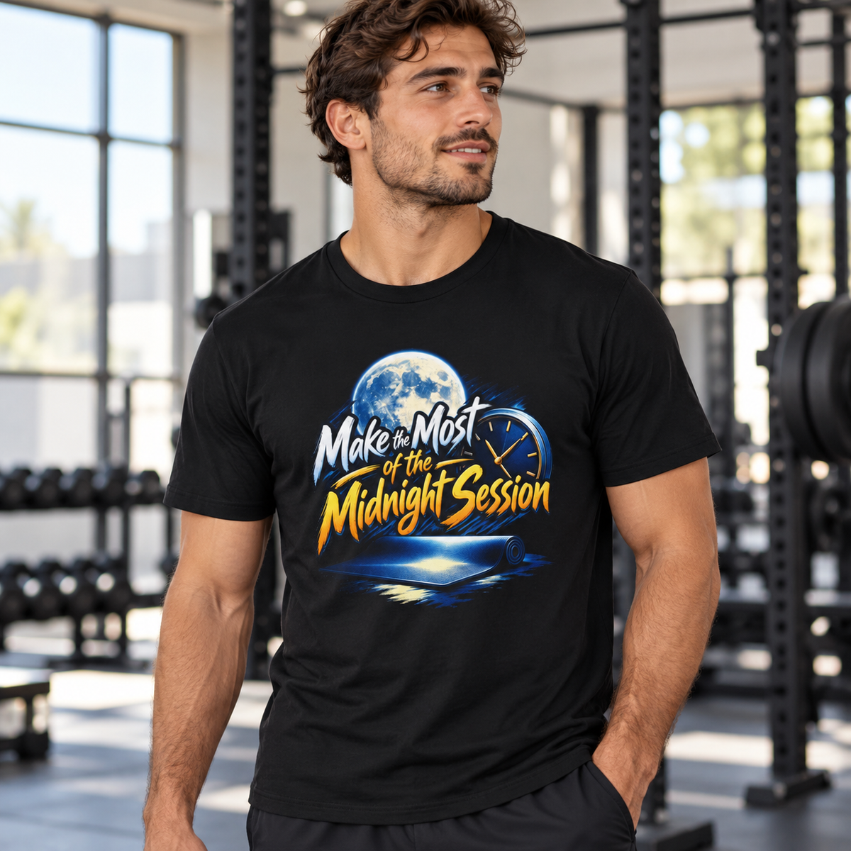 Male lifestyle mockup — Make the Most of the Midnight Session T-Shirt