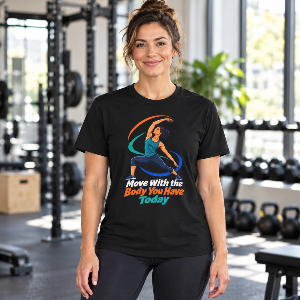 Female lifestyle mockup — Move with the Body You Have Today T-Shirt