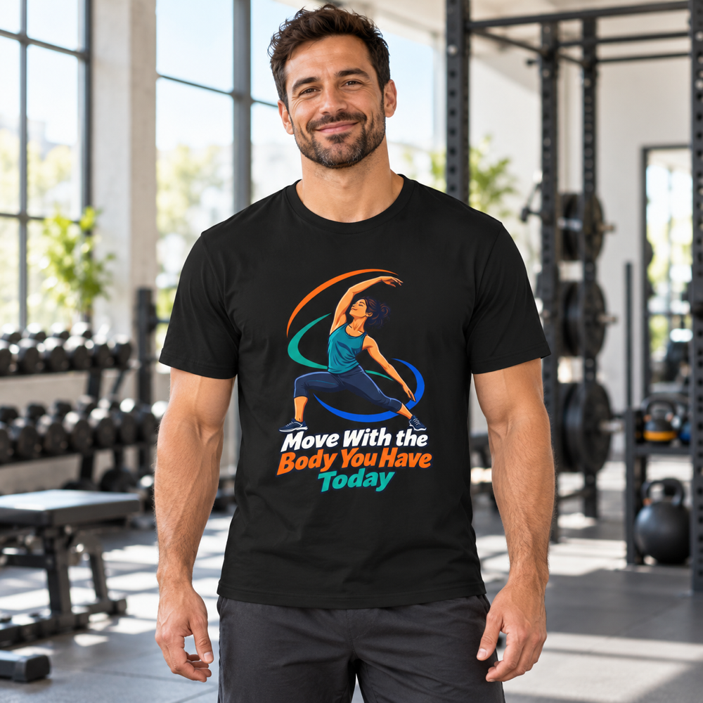 Male lifestyle mockup — Move with the Body You Have Today T-Shirt