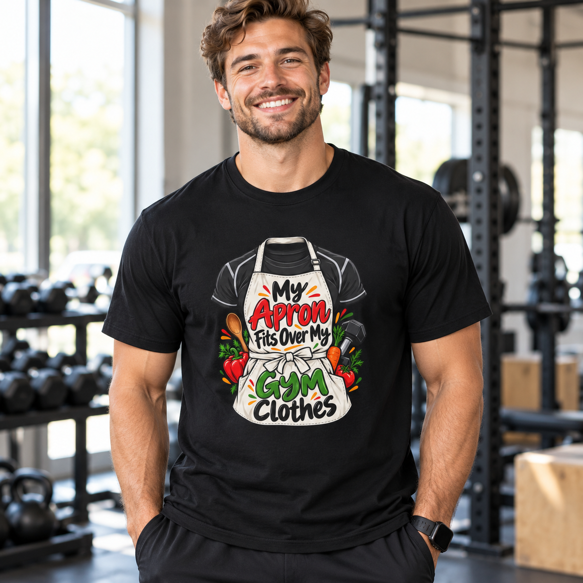 Male lifestyle mockup — my apron fits over my gym clothes