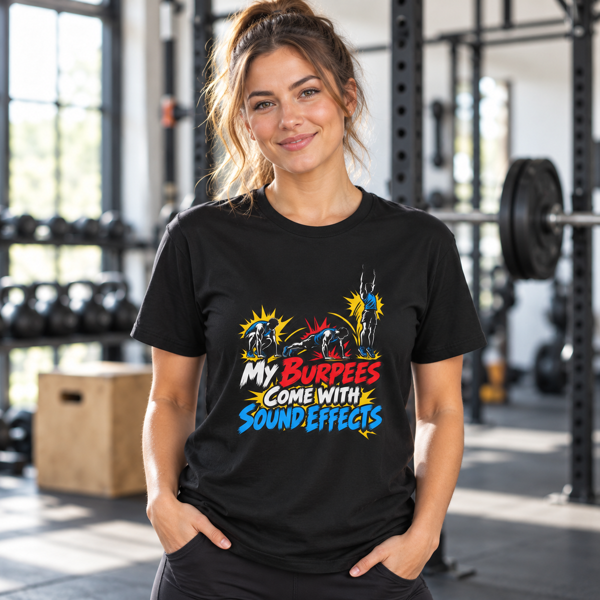Female lifestyle mockup — my burpees come with sound effects