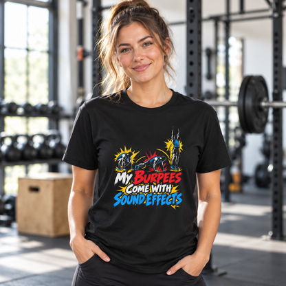 Female lifestyle mockup — my burpees come with sound effects