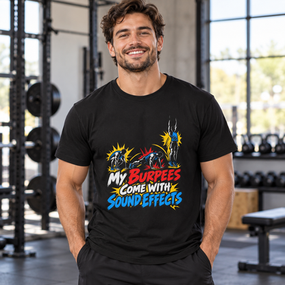 Male lifestyle mockup — my burpees come with sound effects