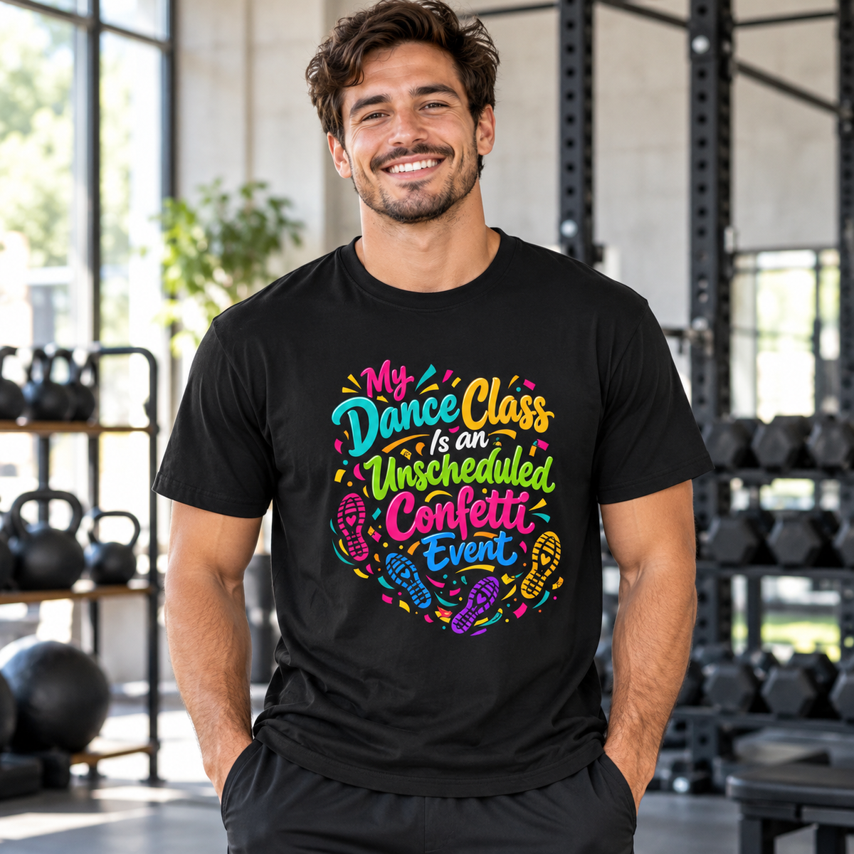 Male lifestyle mockup — my dance class is an unscheduled confetti event