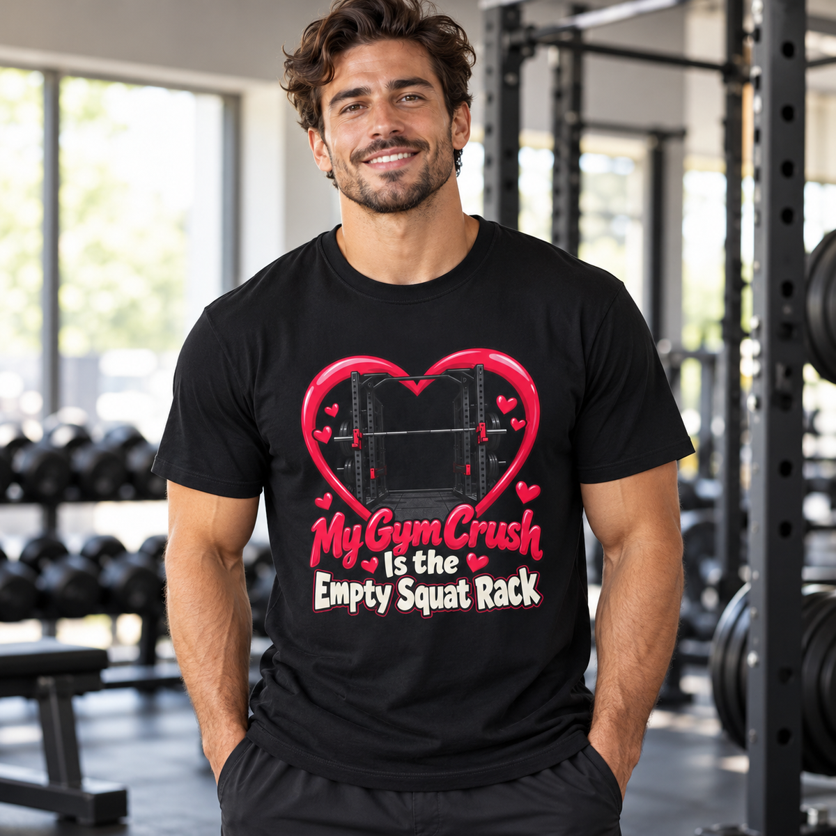 Male lifestyle mockup — my gym crush is the empty squat rack