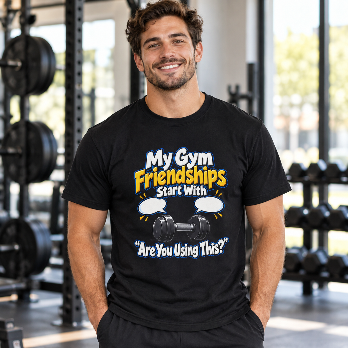 Male lifestyle mockup — my gym friendships start with are you using this
