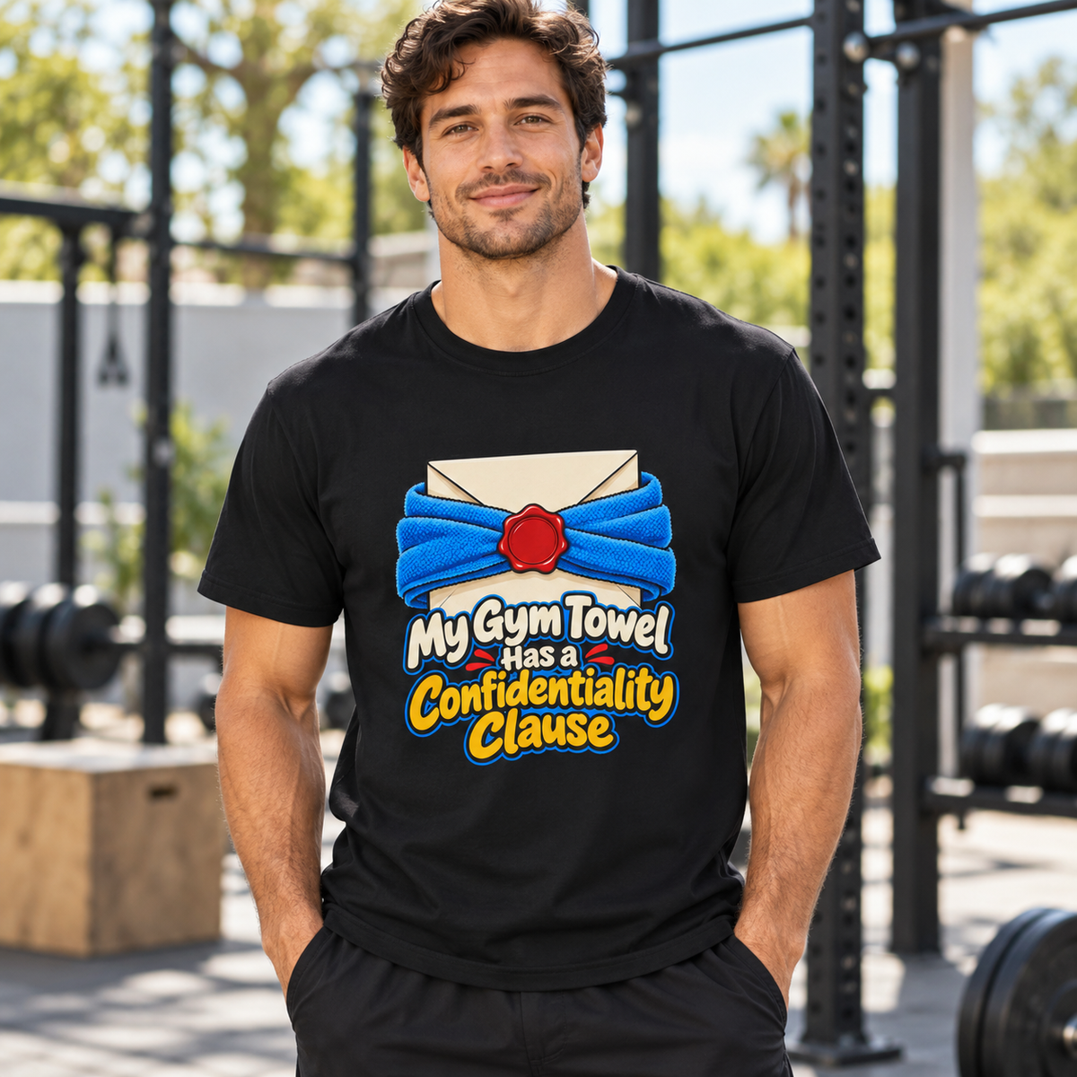 Male lifestyle mockup — my gym towel has a confidentiality clause