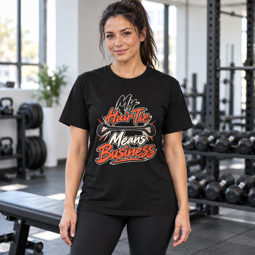 Female lifestyle mockup — My Hair Tie Means Business T-Shirt