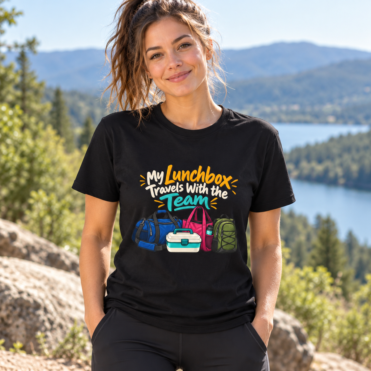 Female lifestyle mockup — my lunchbox travels with the team