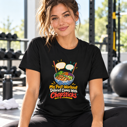 Female lifestyle mockup — my post workout debrief comes with chopsticks