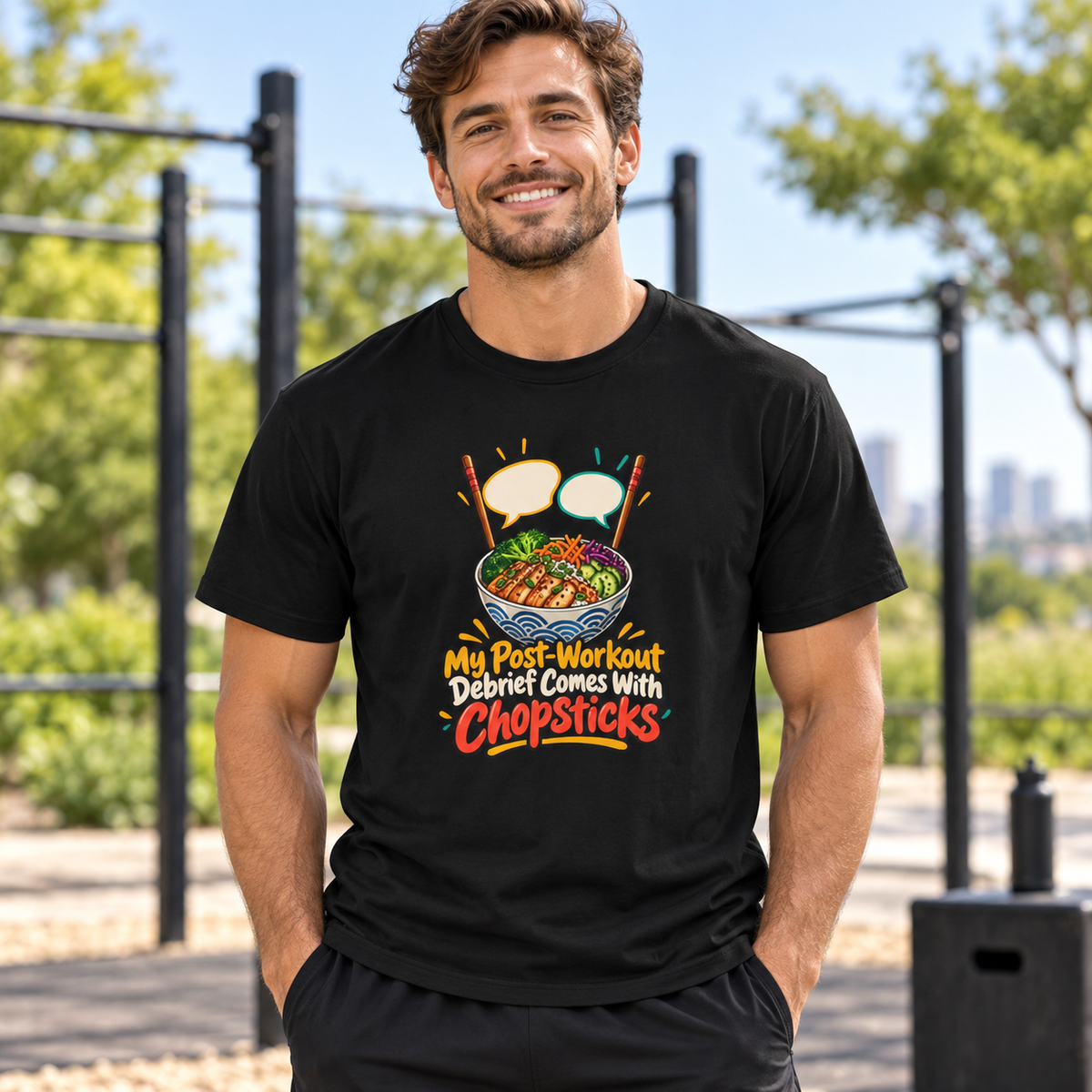Male lifestyle mockup — my post workout debrief comes with chopsticks