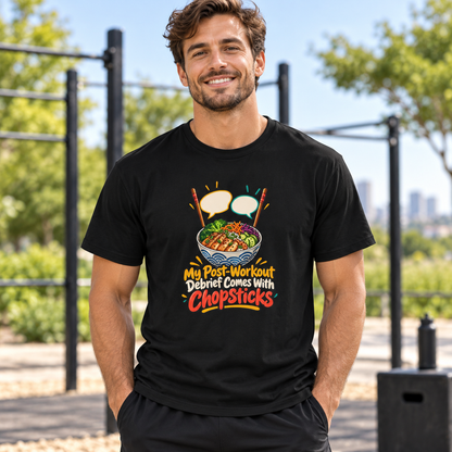 Male lifestyle mockup — my post workout debrief comes with chopsticks