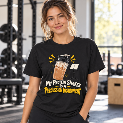 Female lifestyle mockup — my protein shaker is a percussion instrument