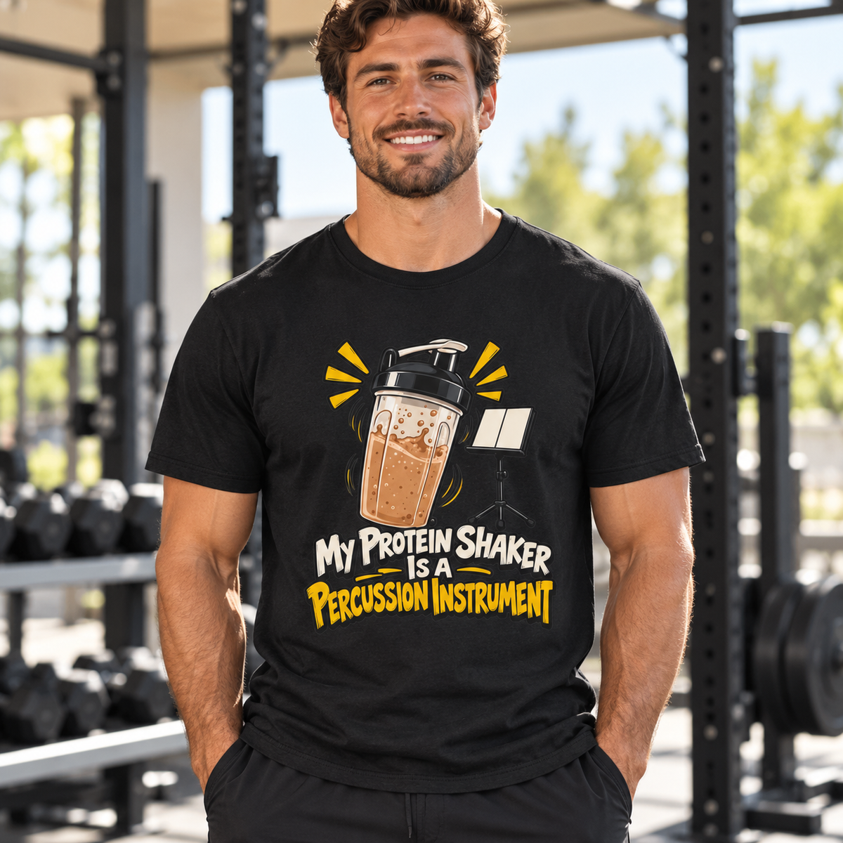 Male lifestyle mockup — my protein shaker is a percussion instrument