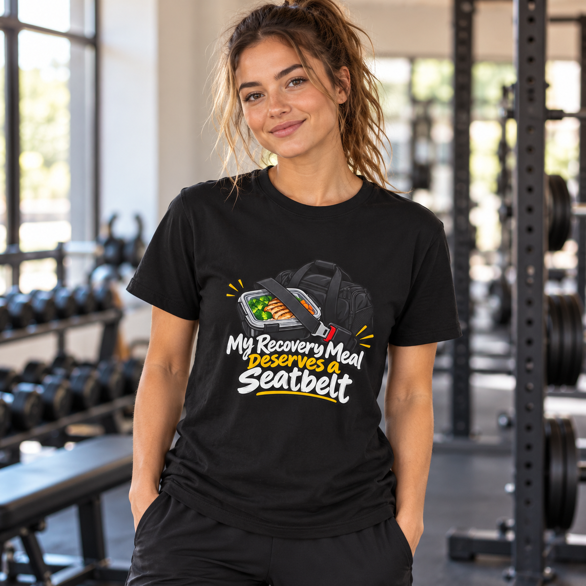 Female lifestyle mockup — my recovery meal deserves a seatbelt