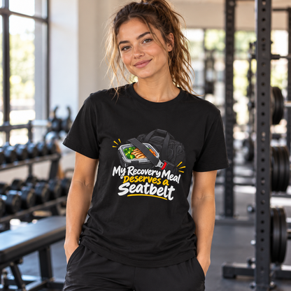 Female lifestyle mockup — my recovery meal deserves a seatbelt