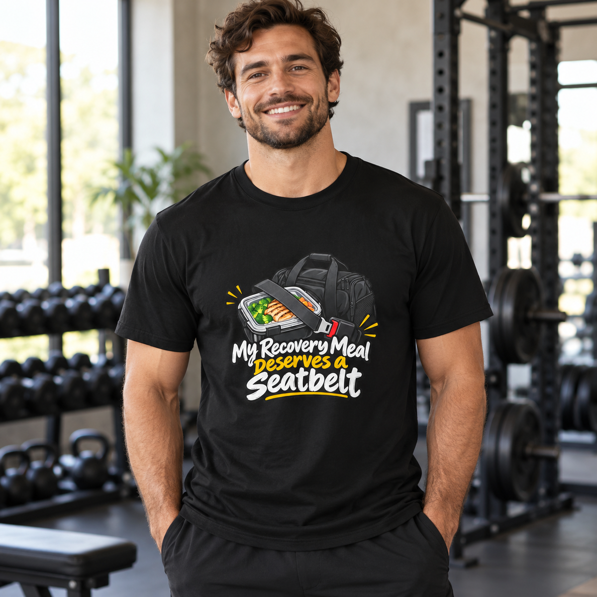 Male lifestyle mockup — my recovery meal deserves a seatbelt