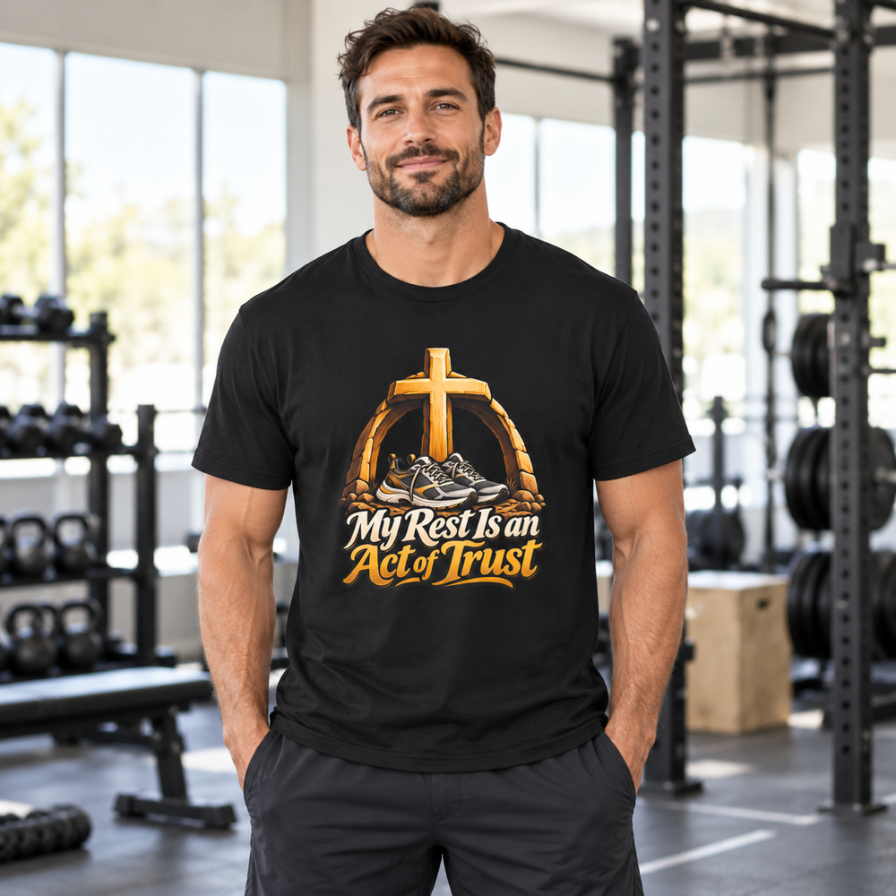 Male lifestyle mockup — My Rest Is an Act of Trust T-Shirt