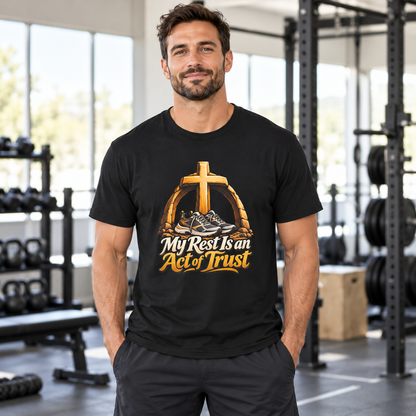 Male lifestyle mockup — My Rest Is an Act of Trust T-Shirt